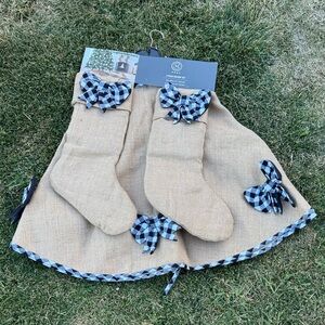 Martha Stewart 3 PC Burlap Stocking & Tree Skirt Set w/Buffalo Check Plaid Bows